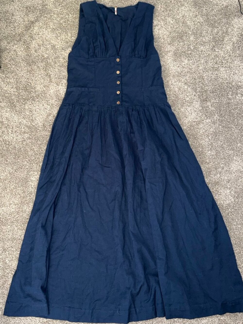 Free People Midi Dress Size L Navy Sleeveless V-Neck Button Front OB2093283